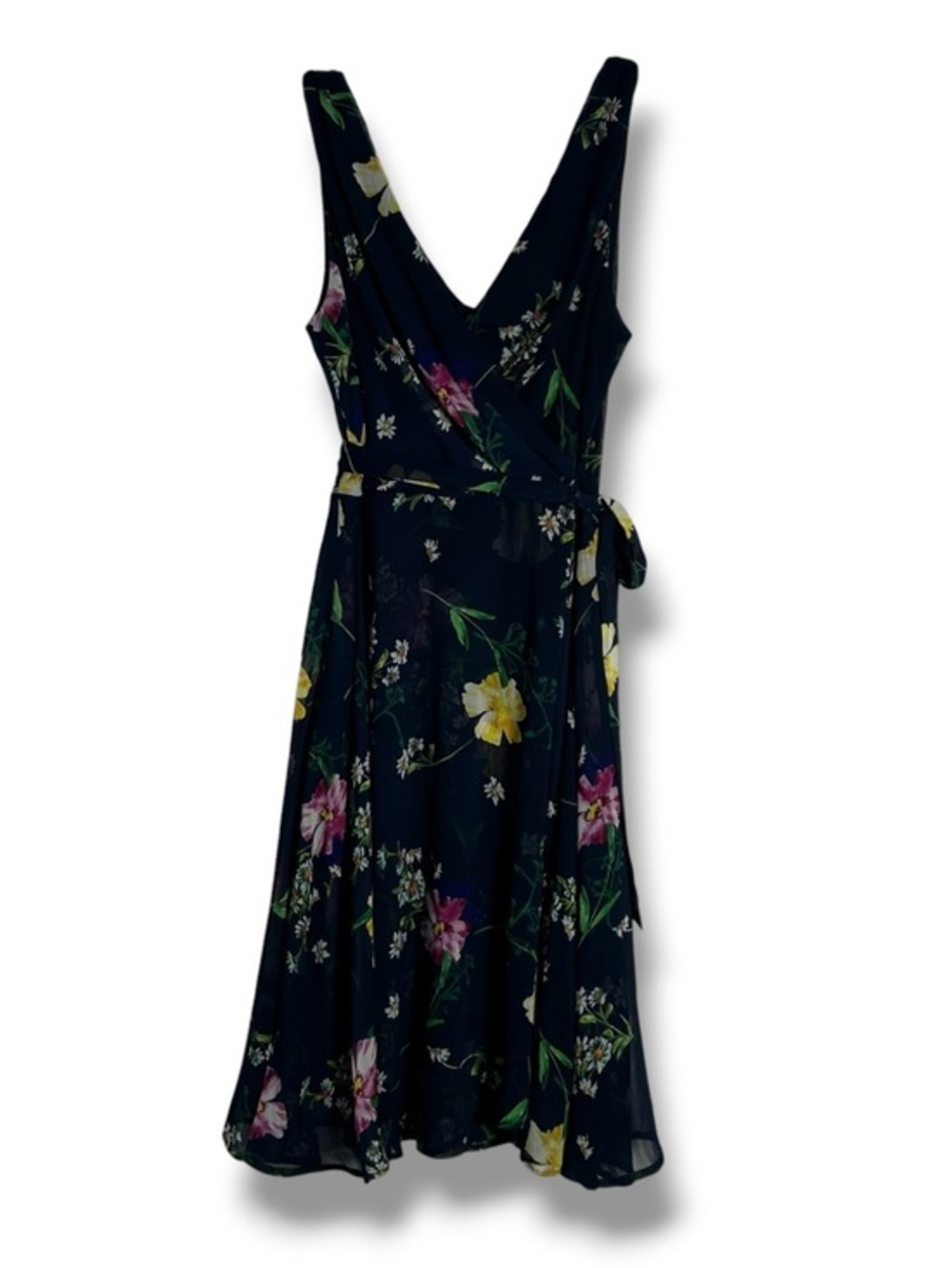 DKNY La Fleur Goddess Navy Blue Faux Wrap Style Belted Dress Size 4 - “Reuven”
